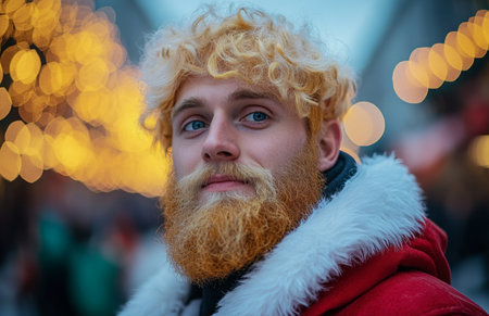 Handsome man in a Santa costume, yellow hair and beard, wearing a red hoodieの素材