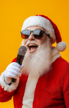 Santa Claus with white beard, red costume, sunglasses, singing holiday songs with microphoneの素材