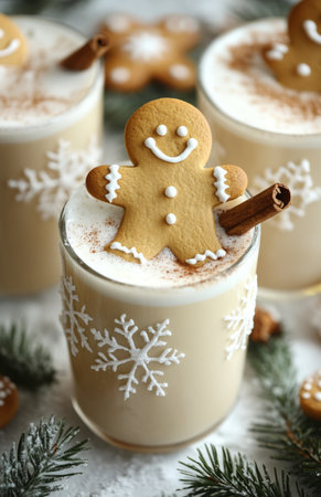 A gingerbread man on eggnog glasses, surrounded by cookies, cinnamon, snowflakes, and Christmas decorationsの素材
