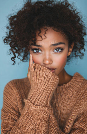 Emotional African American woman hiding her face with hands while crying, expressing sadness and painの素材