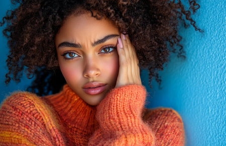 Emotional African American woman hiding her face with hands while crying, expressing sadness and painの素材