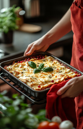A woman carefully takes out a steaming lasagna pan from the oven at homeの素材