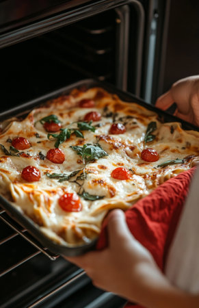 A woman carefully takes out a steaming lasagna pan from the oven at homeの素材
