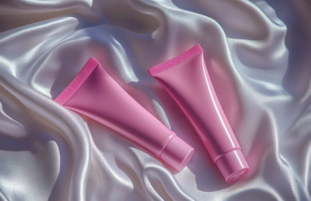 Two elegant pink cosmetic tubes lie on a soft white silk fabric backgroundの素材