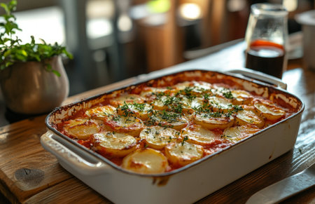 A serving dish of baked potatoes topped with tomato sauce and melted cheese on wood tableの素材