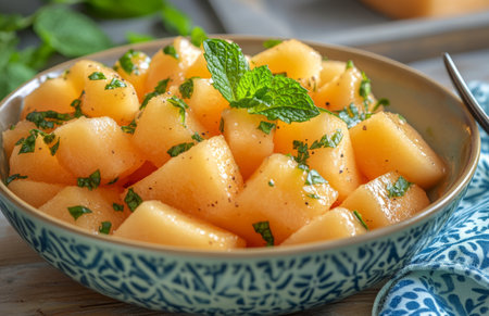 A bowl of fresh melon salad with cantaloupe, mint leaves, and a fork on woodの素材