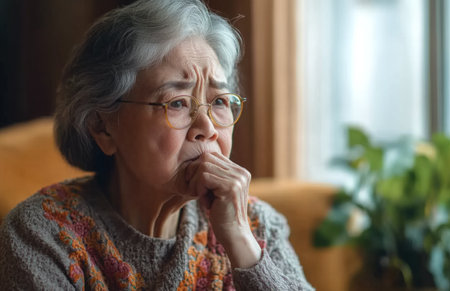 Senior Asian woman experiencing headache, sitting on a sofa, holding glasses, pinching her noseの素材
