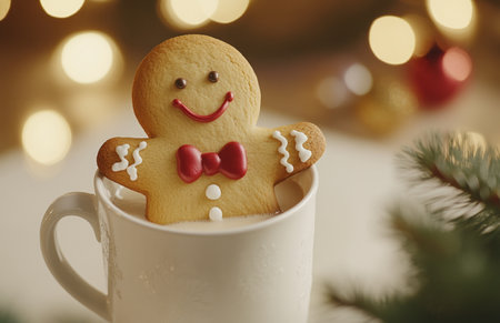 A gingerbread man sits in coffee mug, surrounded by festive Christmas bokeh lights and decorationsの素材