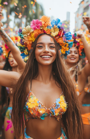 A joyful group of friends celebrating Rio Carnival, dancing, wearing colorful costumes with flower headbandsの素材