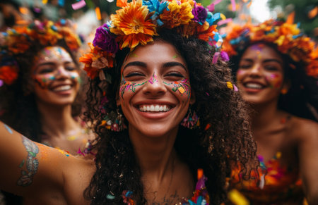 A joyful group of friends celebrating Rio Carnival, dancing, wearing colorful costumes with flower headbandsの素材