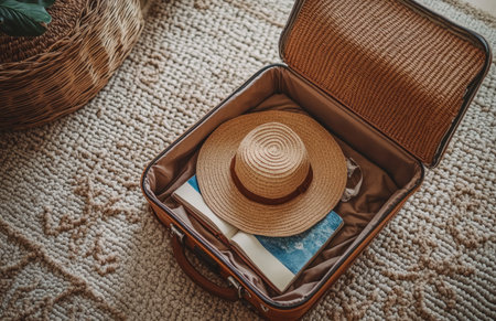 Open suitcase with a woman's hat and book on a beige carpet. Vacation preparation conceptの素材