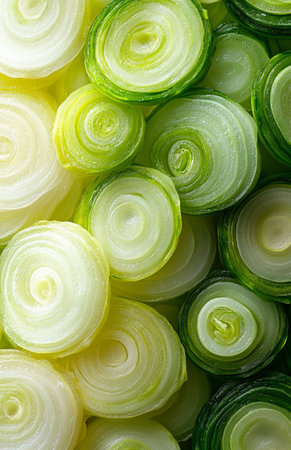 Freshly sliced leek rings arranged in a layered circular pattern, showcasing vibrant green and white tonesの素材