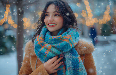Smiling woman in warm winter clothing holds scarf, standing on street, enjoying something behind herの素材