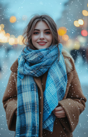 Smiling woman in warm winter clothing holds scarf, standing on street, enjoying something behind herの素材