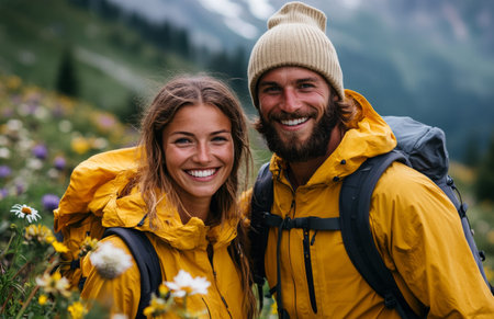 A joyful couple hikes in the mountains, wearing yellow jackets and backpacks, surrounded by wildflowersの素材