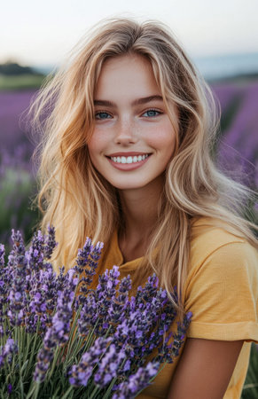 A happy girl with blonde hair and blue eyes sitting in a lavender field, smilingの素材