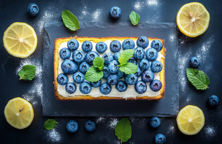 Freshly baked blueberry lemon bread with golden crust, sliced on a wooden table with blueberries aroundの素材