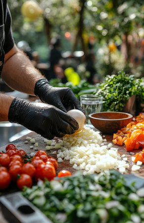 A chef peels an onion outdoors in a cooking class, surrounded by fresh vegetables and waterの素材