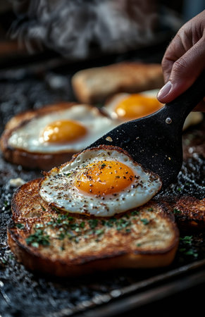 Cook using spatula with egg stuck on edge while frying bread and egg on griddleの素材