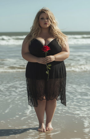 Confident overweight woman in black, holding a red rose while standing barefoot on beachの素材