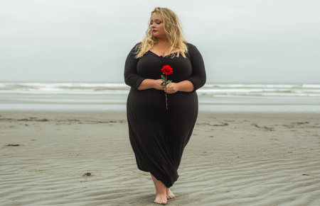 Confident overweight woman in black, holding a red rose while standing barefoot on beachの素材