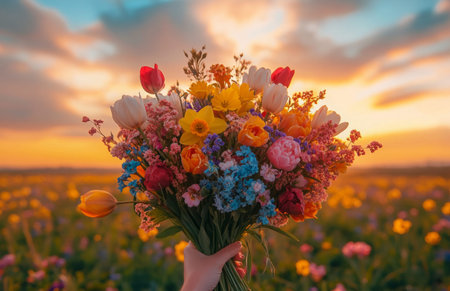 A hand presents a bouquet of spring flowers, including tulips, daffodils, and violets, at sunsetの素材