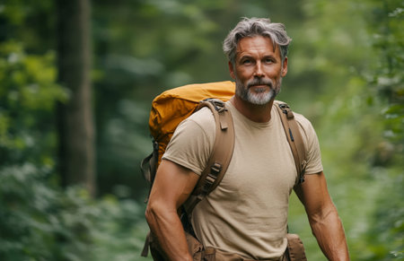A handsome man with gray hair and a beard enjoys a summer hike in natureの素材