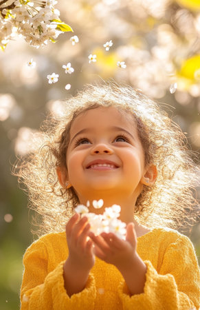 A cheerful curly-haired girl in yellow smiles while cupping white cherry blossoms from the skyの素材