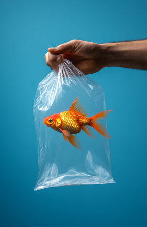 A hand holds an open plastic bag with water and goldfish on a vibrant blue backgroundの素材