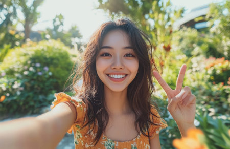 A joyful young woman taking a selfie in the garden, smiling and showing peace signの素材