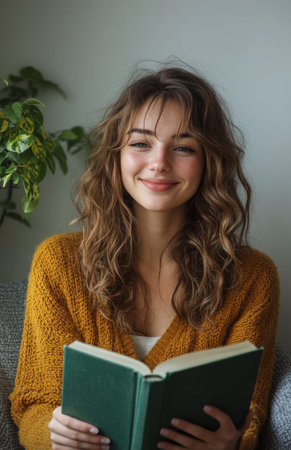 A young woman enjoys reading a green book in her cozy armchair near a plantの素材