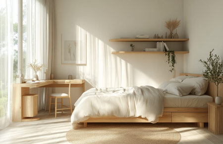 Clean minimalist bedroom featuring light wood furniture, neutral lines, and a desk with shelvesの素材