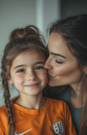 Loving mother kisses her young daughter on the cheek, capturing a warm, emotional, and tender momentの素材