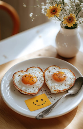 Two heart-shaped fried eggs on a plate, with coffee, flowers, and a yellow post-it noteの素材