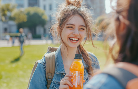 Two friends share a fun moment in the city, one throwing an orange juice bottleの素材