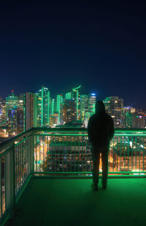 Lone figure on a rooftop balcony facing a green lit city skyline at night. Wide urban scene with copy space and glowing skyscrapers.の素材