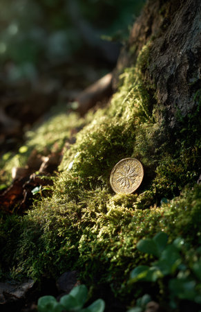 Golden coin standing in moss against a tree trunk in warm sunlight. Natural forest close up with shallow depth of field and copy space.の素材