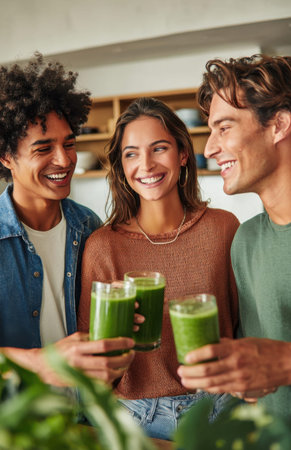 Three friends laughing and holding green smoothies in a bright kitchen. Healthy lifestyle, friendship, social gathering and wellness drinks.の素材