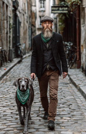 Bearded man in tweed cap walks his dog on a cobblestone street in an old town alley, both wearing green bandanas for a festive touch.の素材