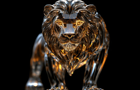 A glass and metal lion sculpture with golden light, set against a dark backdropの素材
