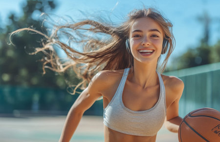 Happy athletic girl with long hair running and jumping on basketball court, wearing yoga pants and headphonesの素材