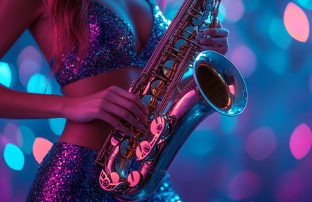 Glamorous woman with golden glitter skin plays saxophone on blue and purple background stageの素材