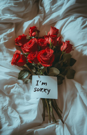 Red roses with I'm sorry message next to a bed with white soft sheetsの素材