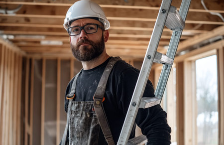 Bearded construction worker in helmet and overalls carries metal ladder inside new home interiorの素材