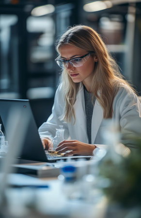 A female scientist sits at a desk, conducting experiments with glass beakers in a modern labの素材