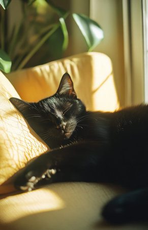 A black cat peacefully sleeping on a cozy armchair, bathed in warm sunlight from windowの素材