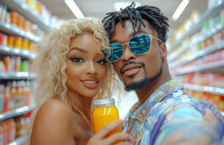 Stylish blonde woman and man in colorful outfits take a selfie while shopping in supermarketの素材