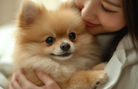 Asian female doctor gently pets a small fluffy dog in a clean clinic office settingの素材