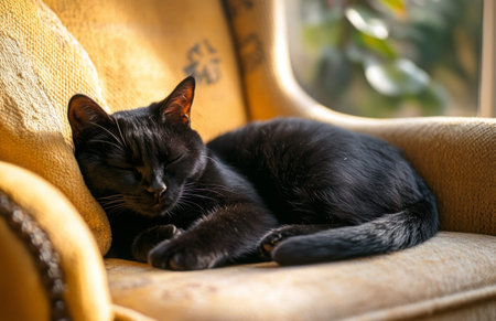 A black cat peacefully sleeping on a cozy armchair, bathed in warm sunlight from windowの素材