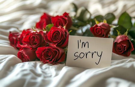 Red roses with I'm sorry message next to a bed with white soft sheetsの素材